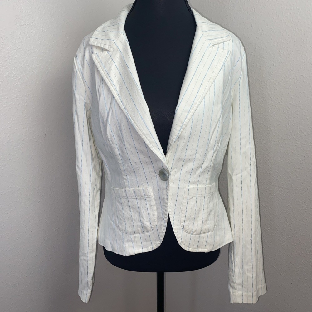 Vtg Y2K Xhilaration Blazer Juniors Large‎ White & Baby Blue Pinstripes Preppy